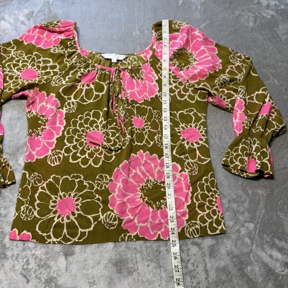 Trina Turk Los Angeles Floral Blouse Olive Green Pink SZ L Boho Peasant Top - Picture 4 of 10